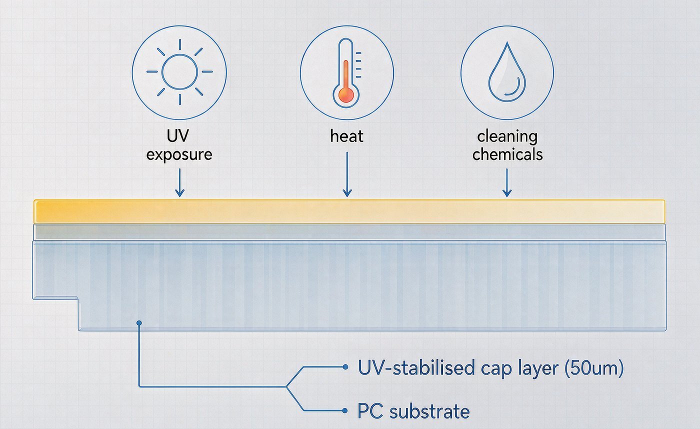 Diagram of a co-extruded UV-stabilised cap layer on a polycarbonate LED diffuser wall, shielding the substrate from UV exposure, heat and cleaning chemicals