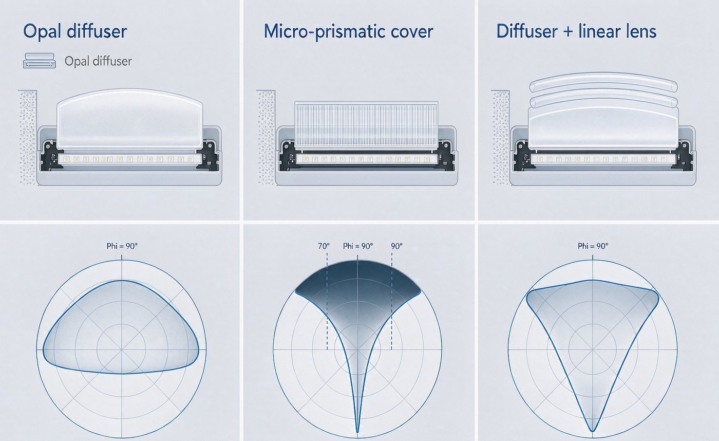 Comparison of an opal diffuser, a micro-prismatic cover and a diffuser with a linear lens, shown with the light distribution curve each produces for UGR control