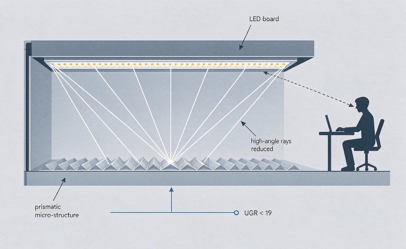 Cross-section of a low UGR LED diffuser in a linear luminaire, showing prismatic micro-structure redirecting high-angle rays to achieve UGR under 19